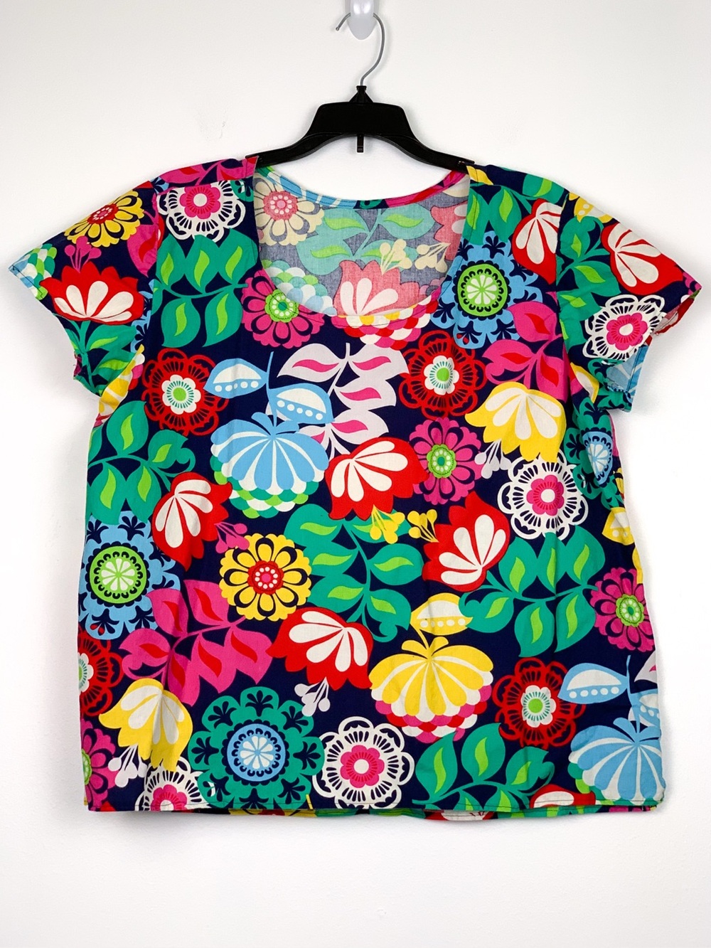 Handmade floral top short sleeve retro flower power cotton pullover shirt large